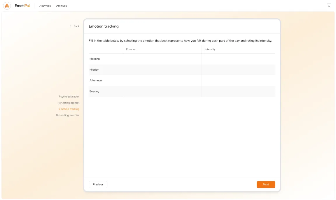 Screenshot of the EmotiPal patient web app with an interactive activity